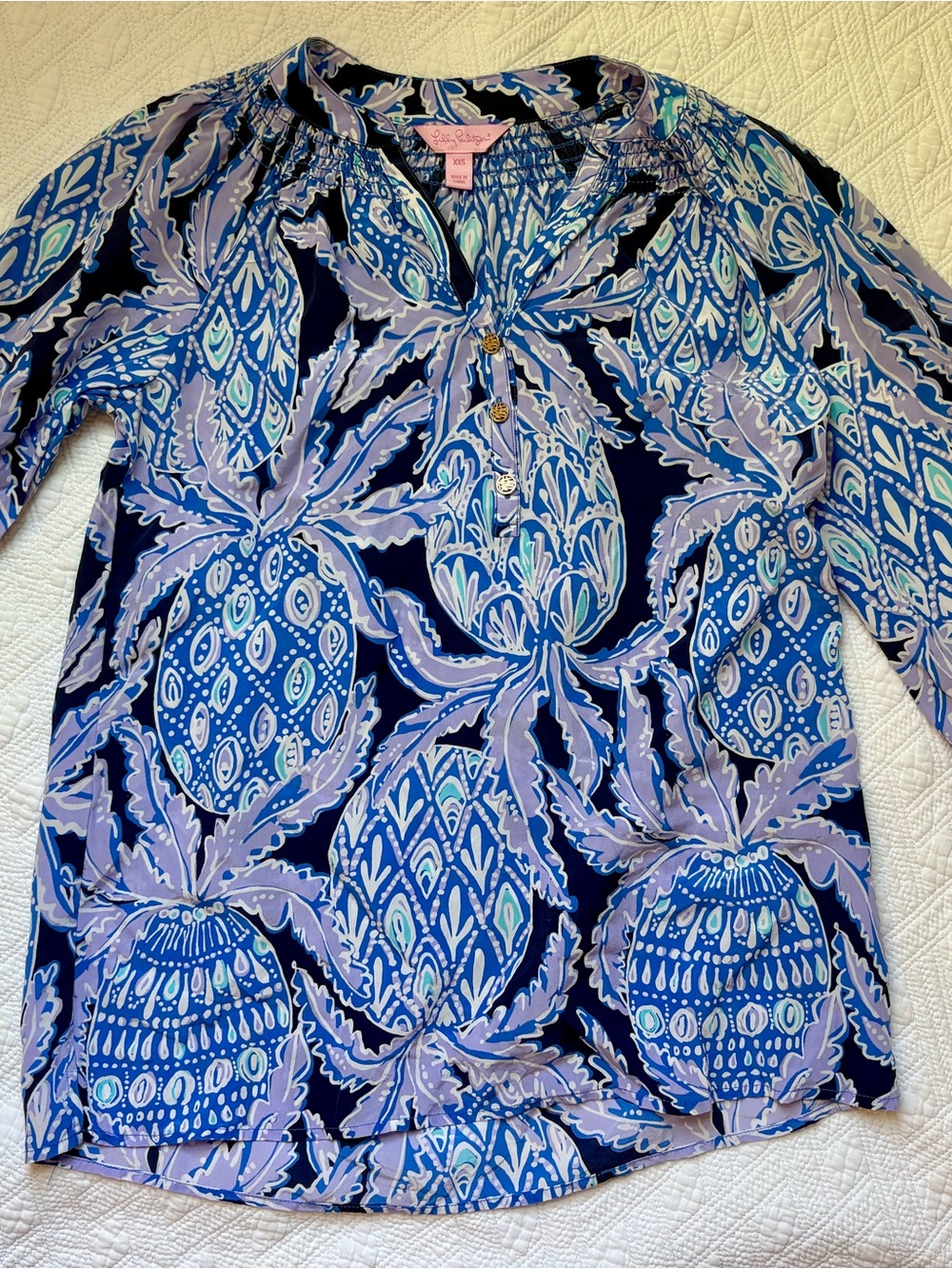 Lilly Pulitzer Elsa Silk Blouse Lavender Coco Safari Pineapples